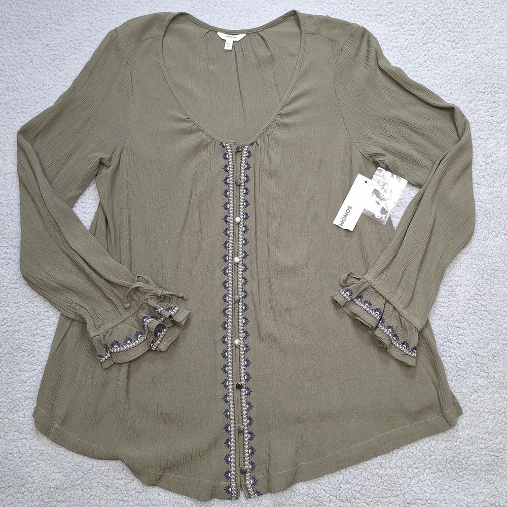 Sonoma Blouse Womens Medium Olive Green Embroidered Boho Top NWT